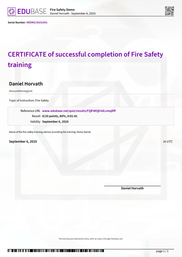 Tamper-proof digital safety compliance certificate with QR code verification and digital signature