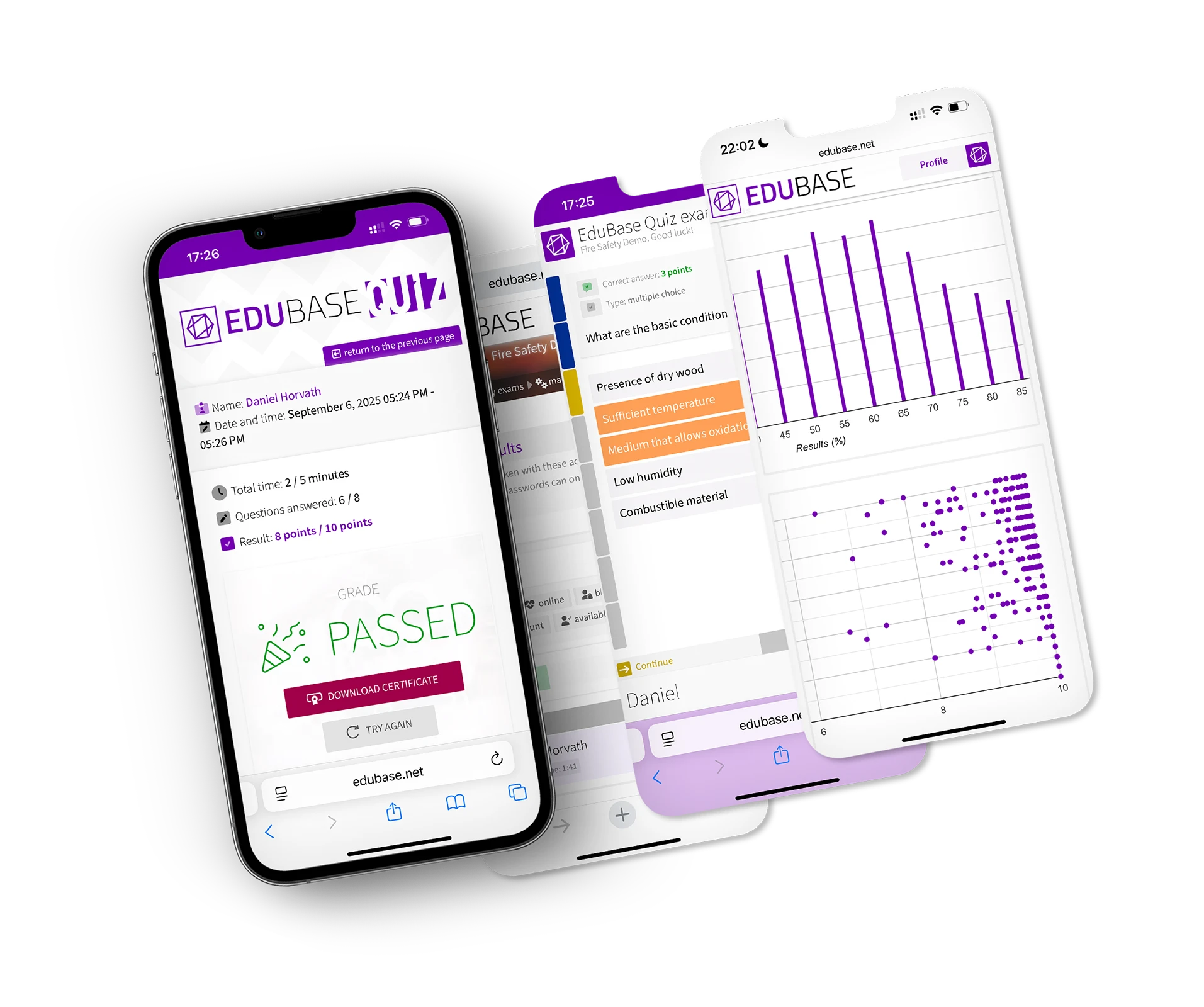 EduBase contractor training platform on mobile phone showing dashboard and quiz interface